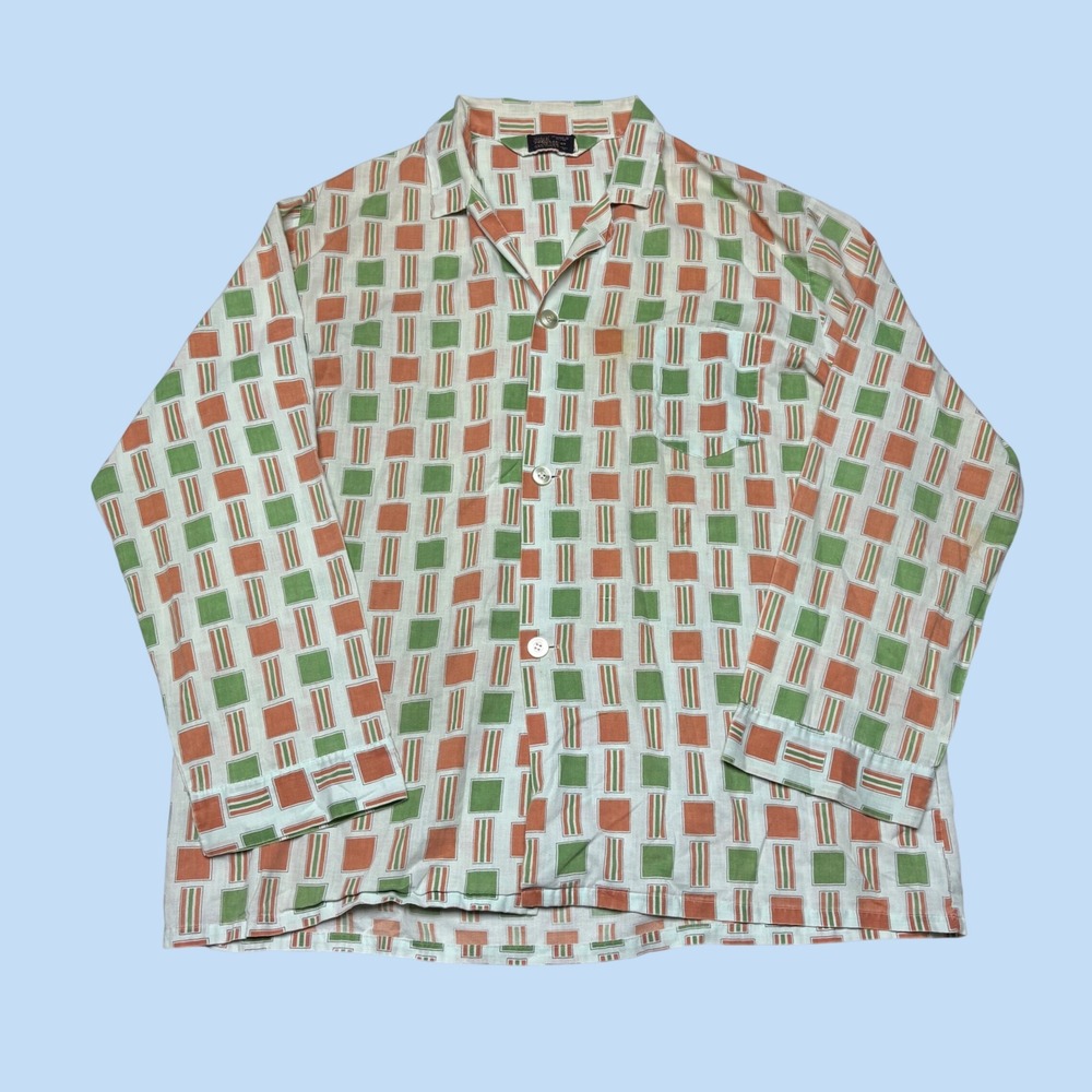 Vintage Sears Perma Prest Mens XL Geometric Pajama Top Orange Green MCM 1665